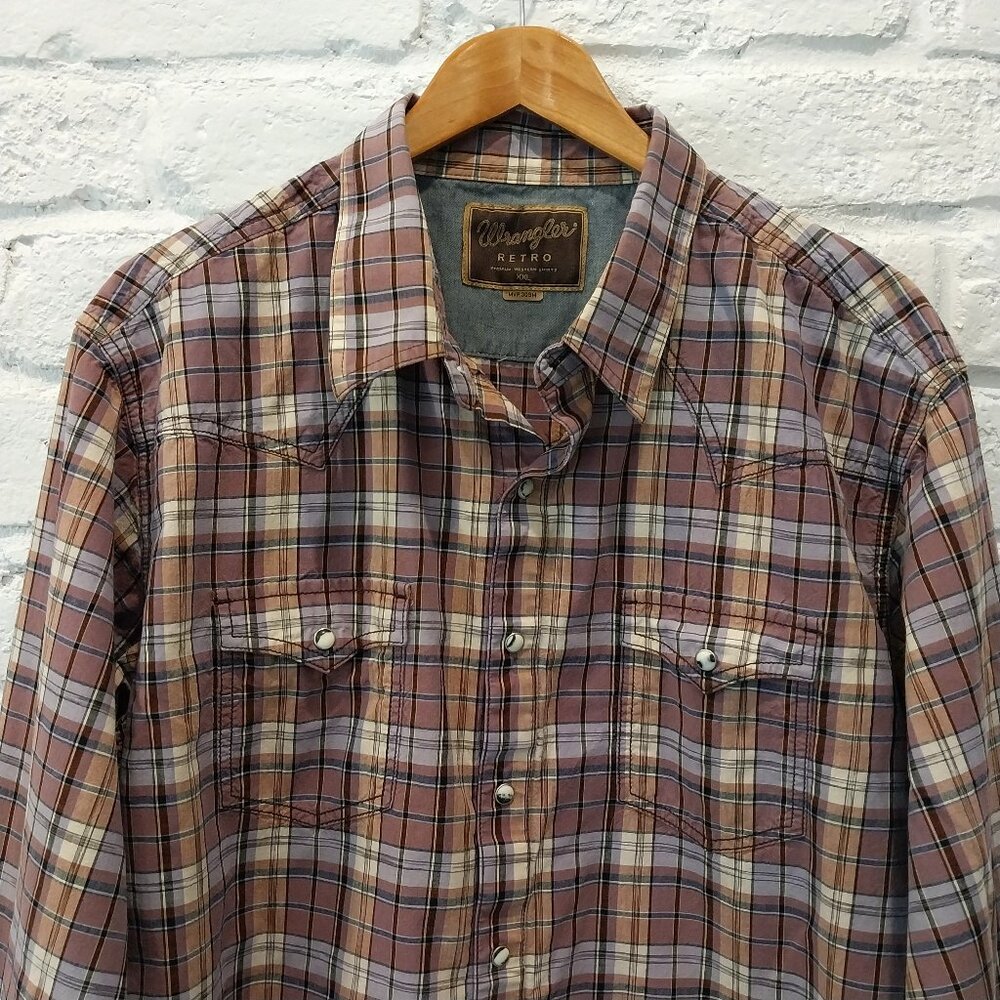 Wrangler Retro Western Shirt Womens XXL Purple Plaid Pearl Snap Long Sleeve